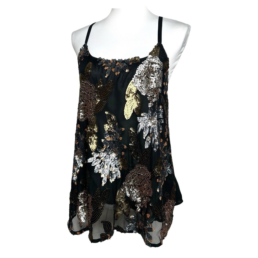 BB Dakota Black Sequin Floral Cami Top M Sheer Fairy Grunge Indie Sleaze Tank - Picture 4 of 12